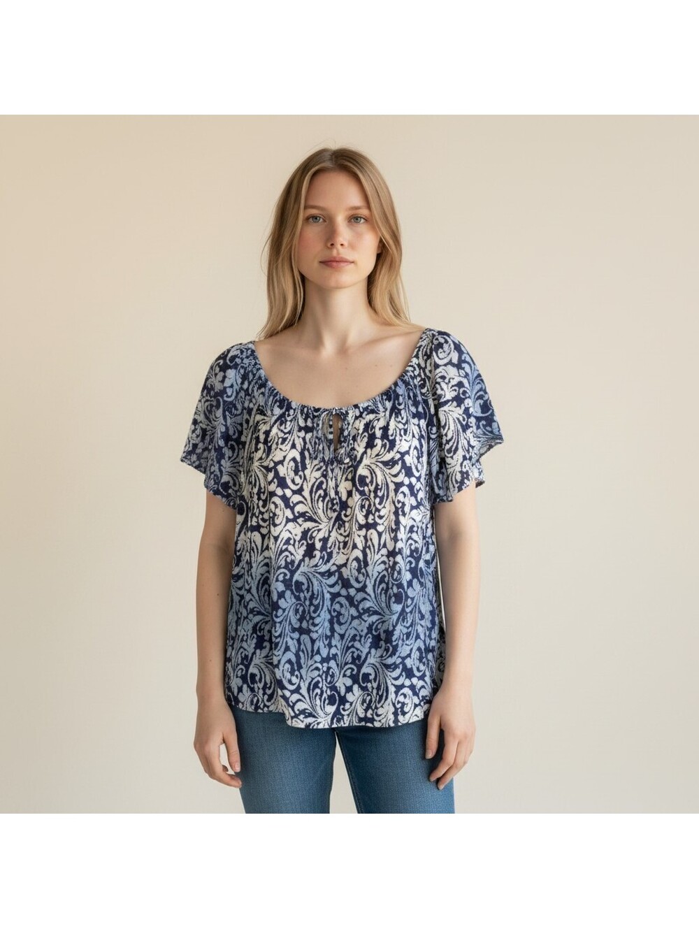 Lavish Blouse Women L Large Blue Geometric Short Sleeve Tasseled Casual Pullover